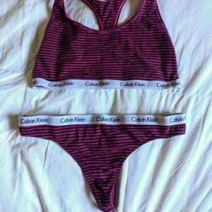 Calvin Klein Sports Bra and Thong Set Black & Pink Size Medium